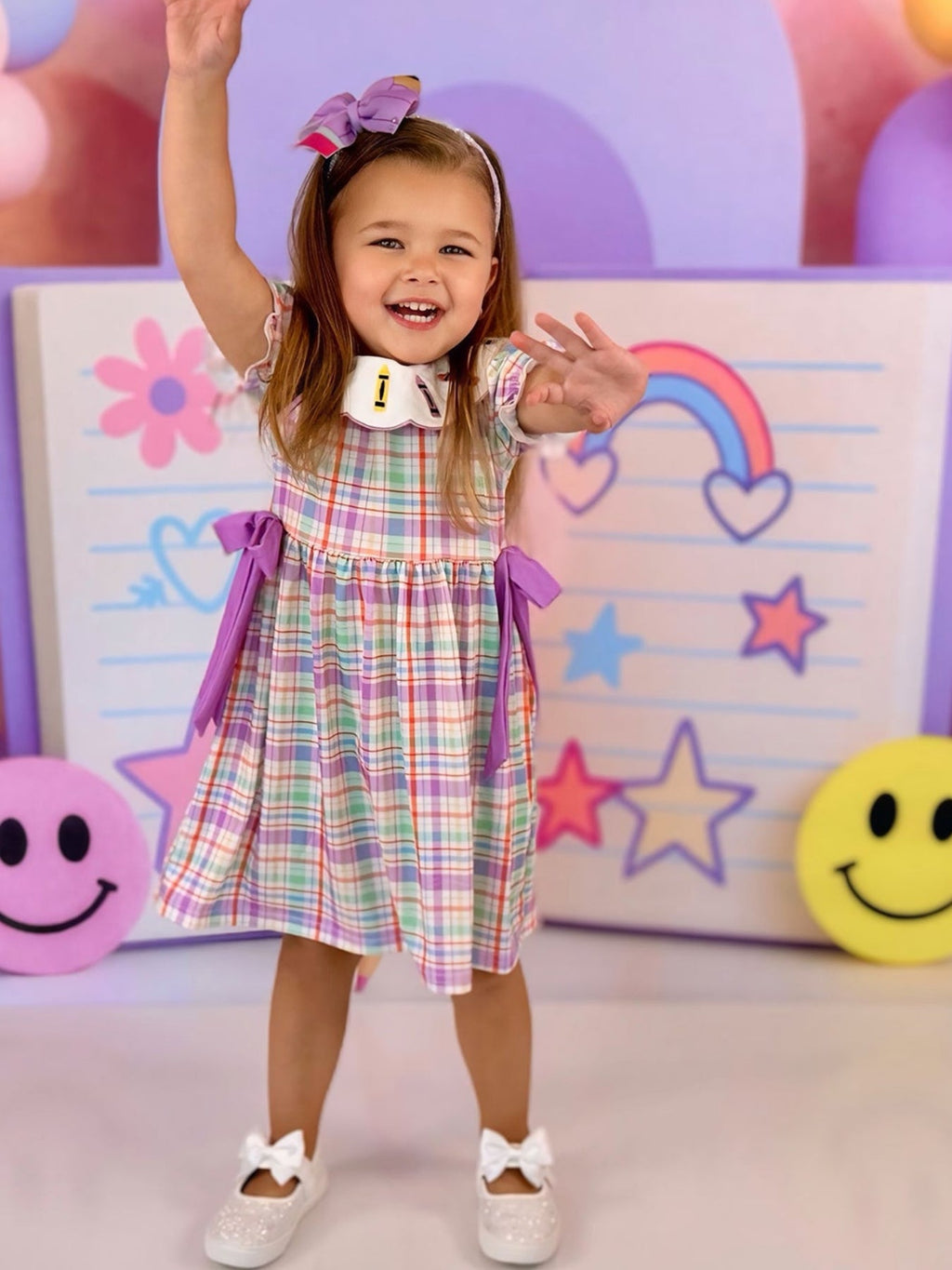 Back To School Plaid Crayon Embroidery Girls Dress Bow Puff Sleeve