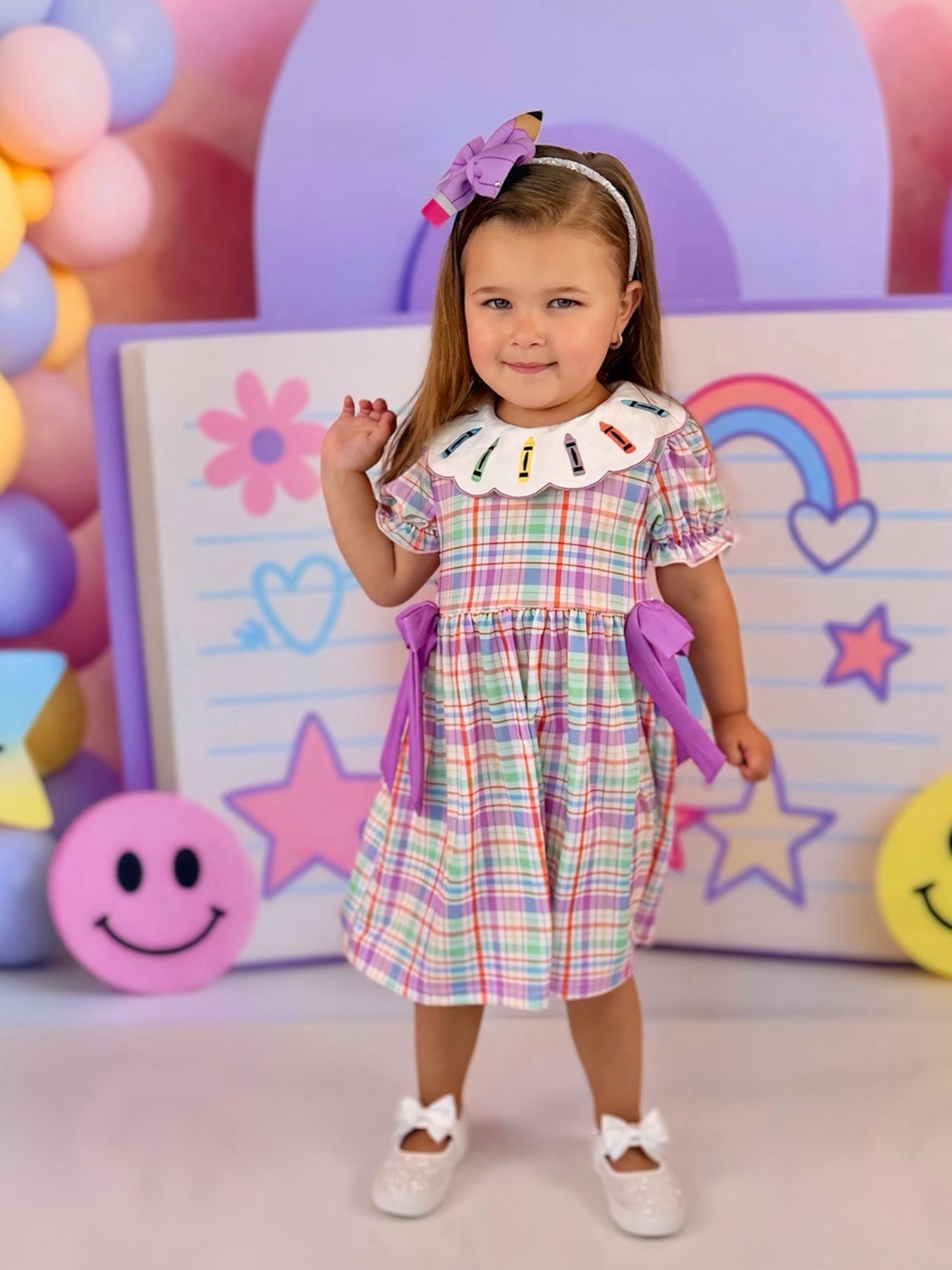 Back To School Plaid Crayon Embroidery Girls Dress Bow Puff Sleeve