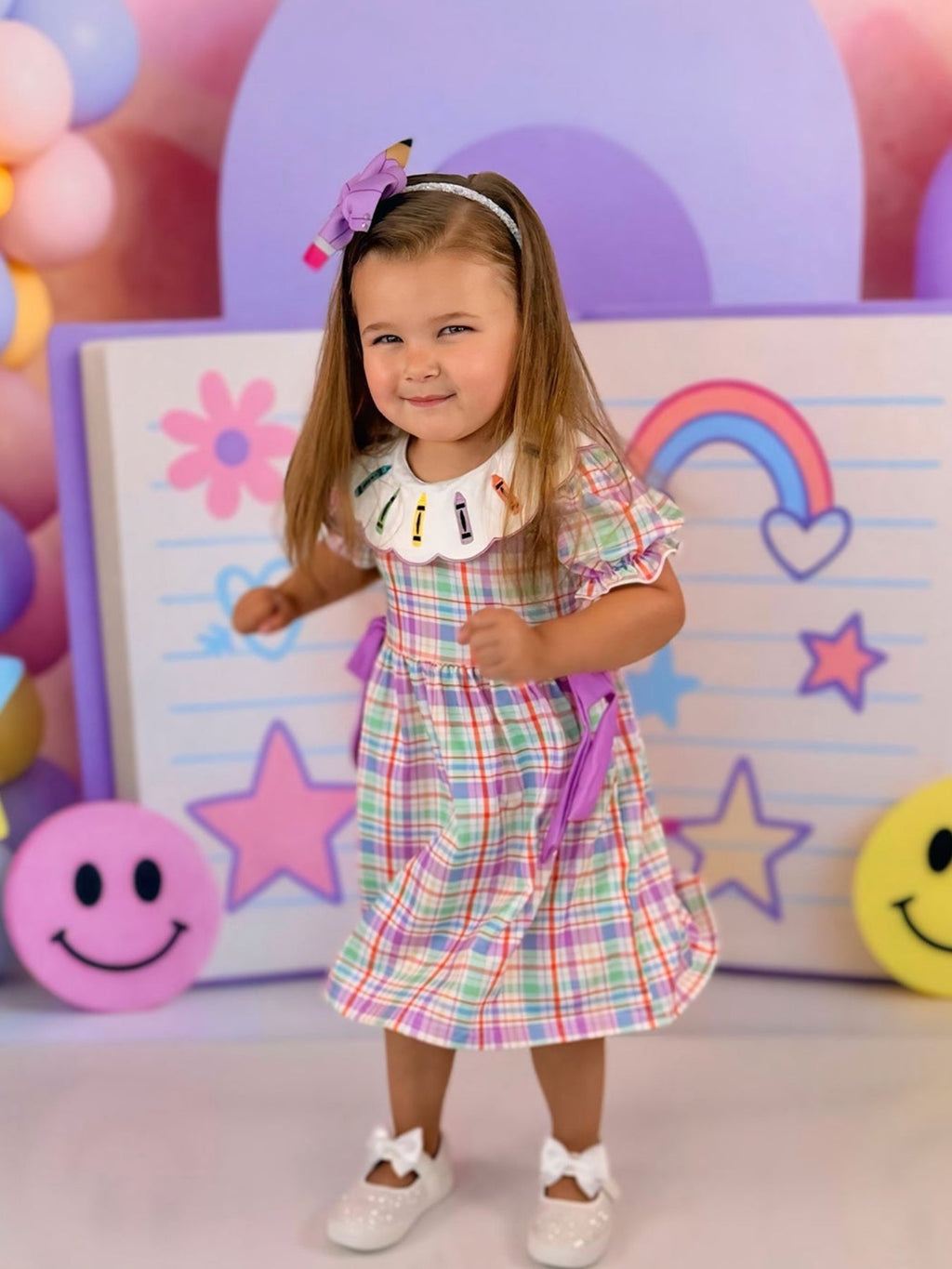 Back To School Plaid Crayon Embroidery Girls Dress Bow Puff Sleeve