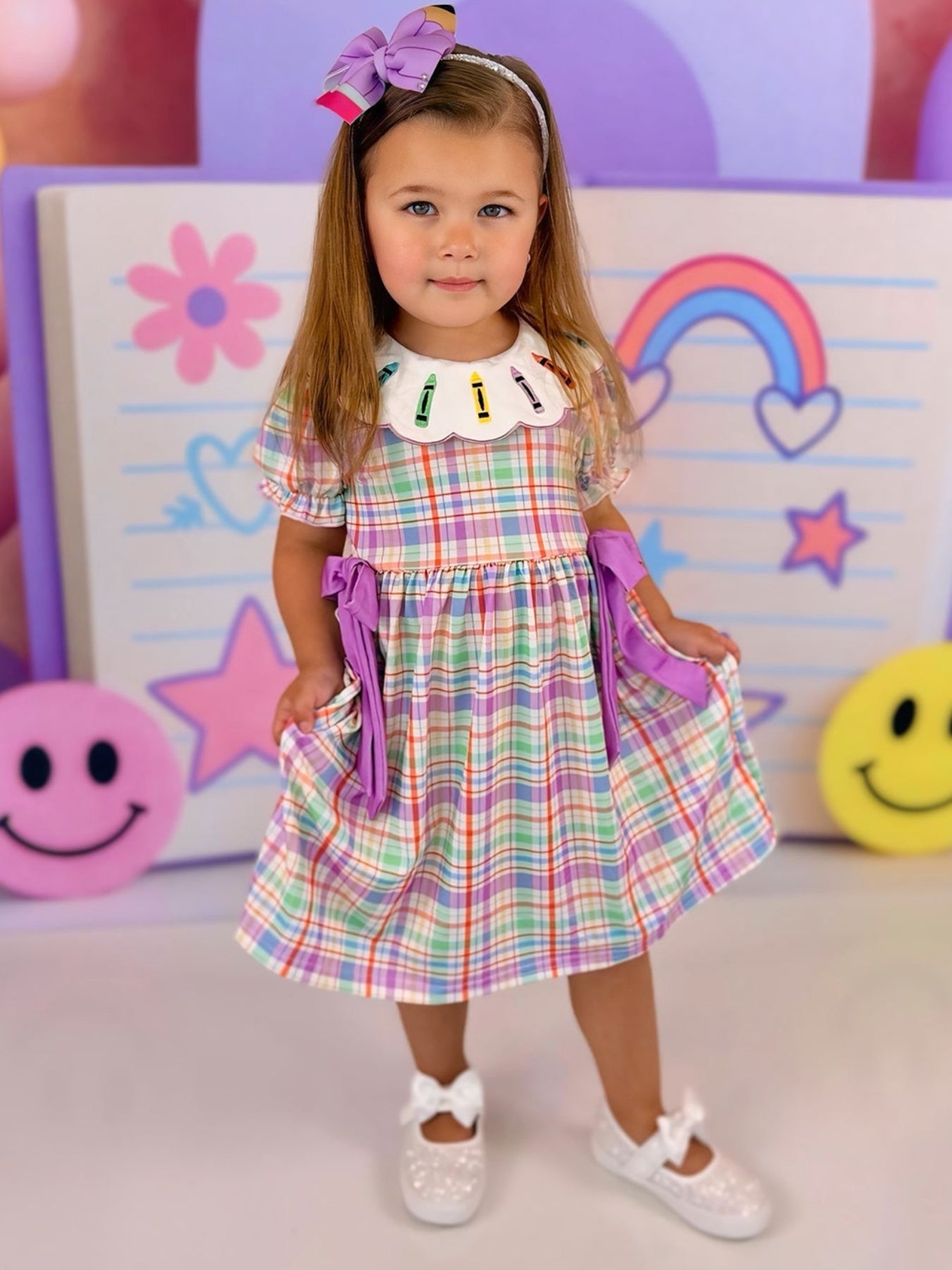 Back To School Plaid Crayon Embroidery Girls Dress Bow Puff Sleeve