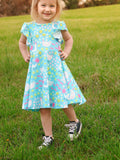 Aqua Spring Chicken Floral Farm Print Girls Dress