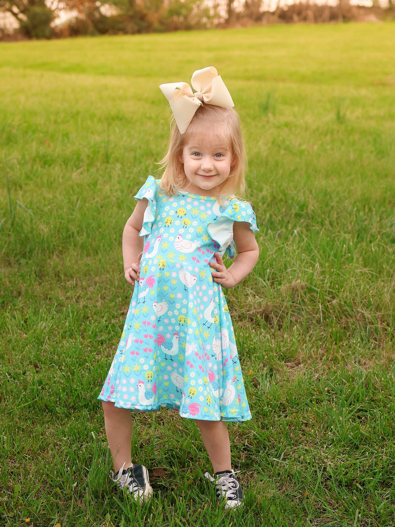 Aqua Spring Chicken Floral Farm Print Girls Dress