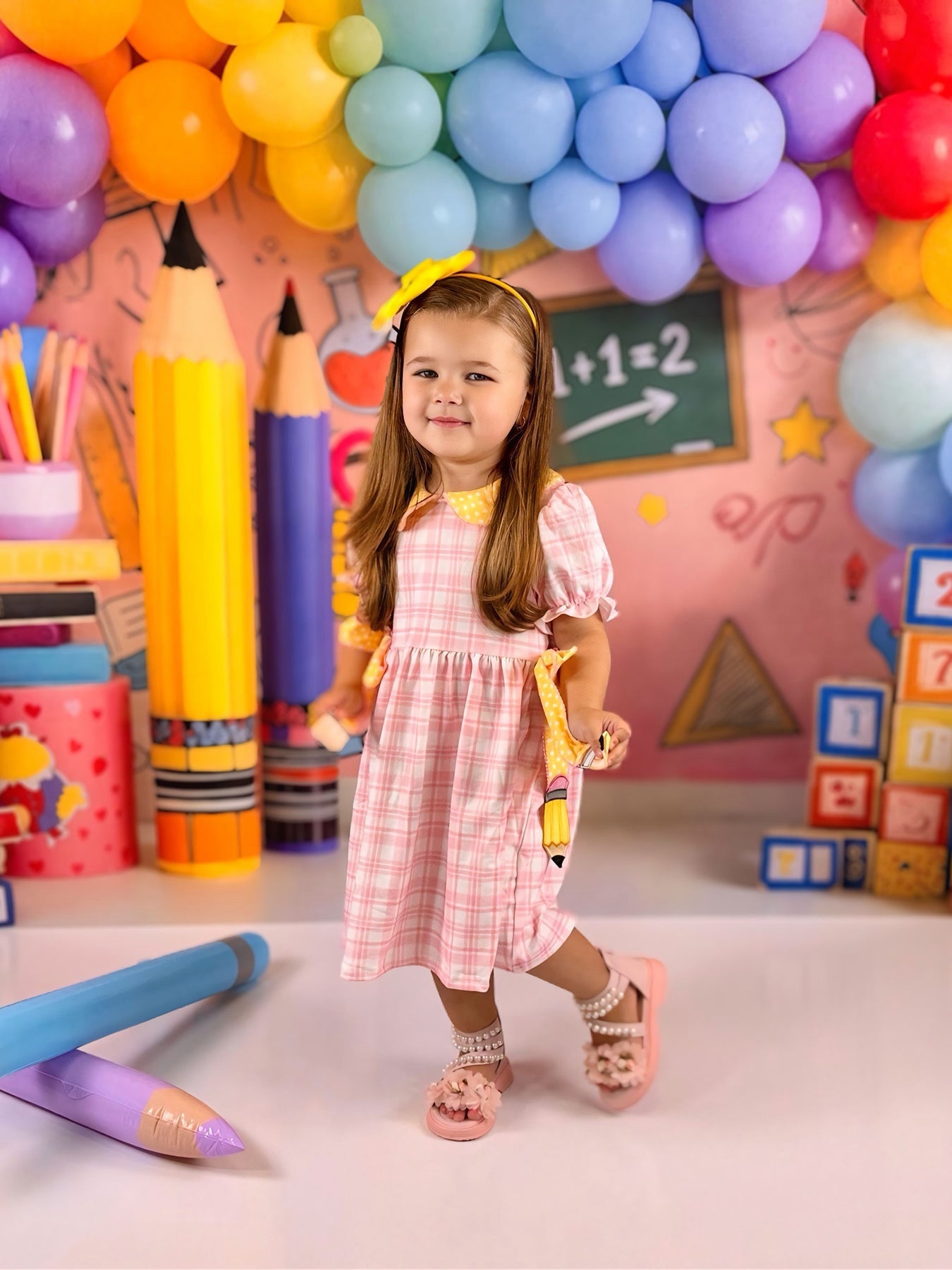 Girls Back To School Pencil Plaid Twirl Dress Bow Petals Collar