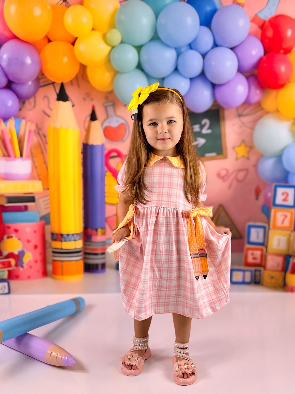 Girls Back To School Pencil Plaid Twirl Dress Bow Petals Collar