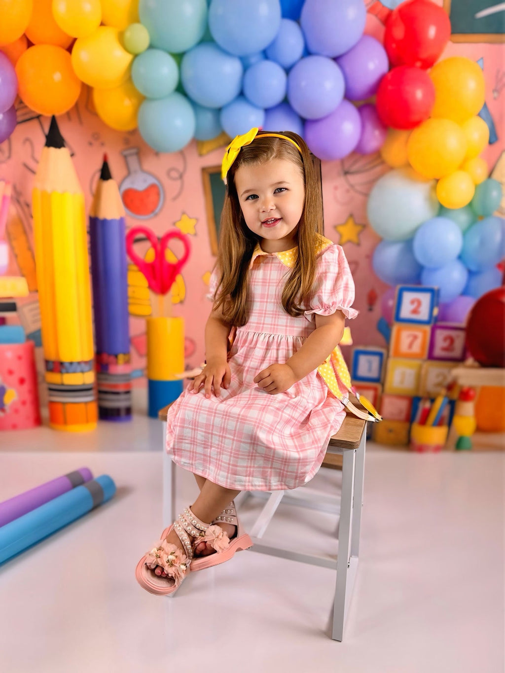 Girls Back To School Pencil Plaid Twirl Dress Bow Petals Collar