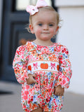 Fall Halloween & Thanksgiving Pumpkin Bow Smock Embroidered Floral Baby Girl Romper