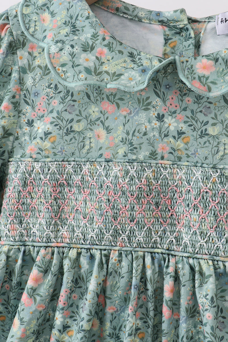 Green Floral Smocked Dress