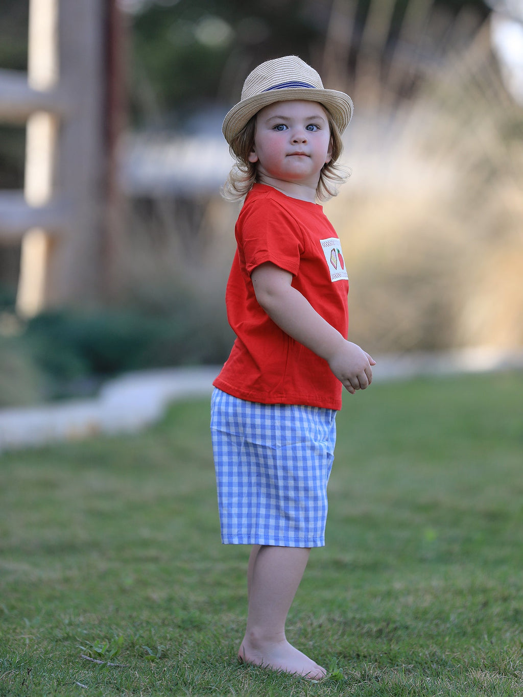 Boys Back to School Pencil Apple Applique Plaid Shorts Set