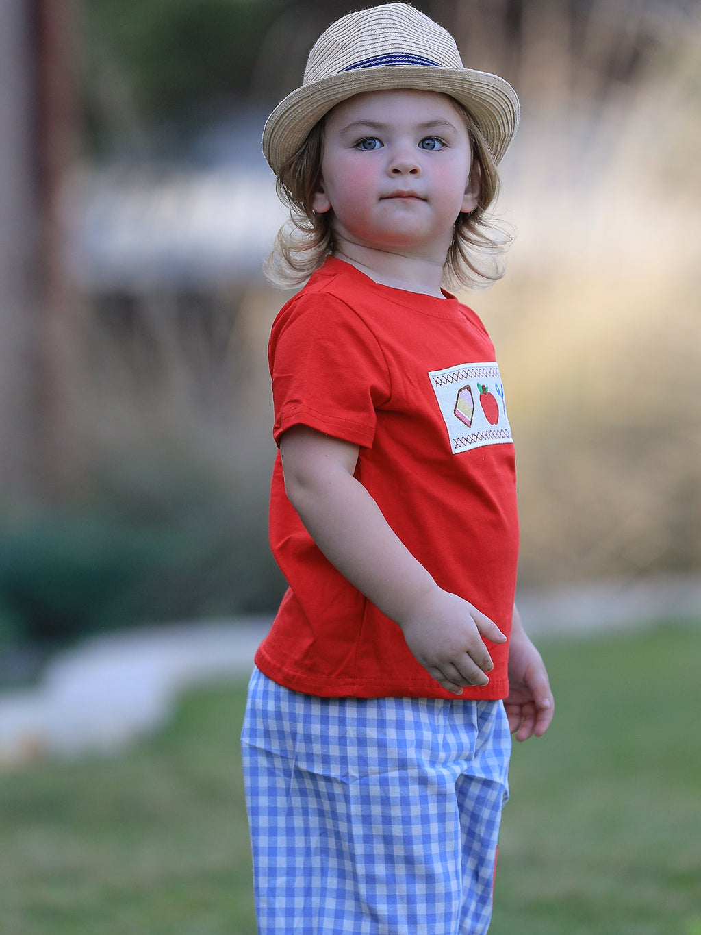 Boys Back to School Pencil Apple Applique Plaid Shorts Set