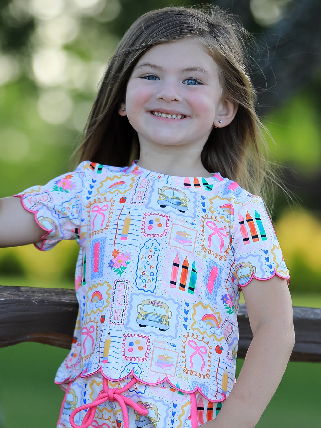 Back to School Print Girl Short Set Scallop Hem