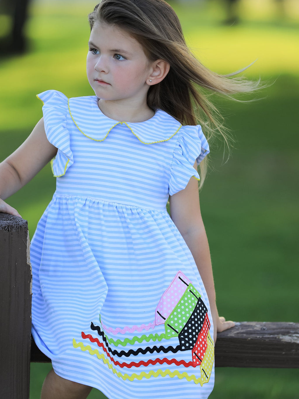 Girls Back To School Crayon Dress Ruffle Petal Collar Applique