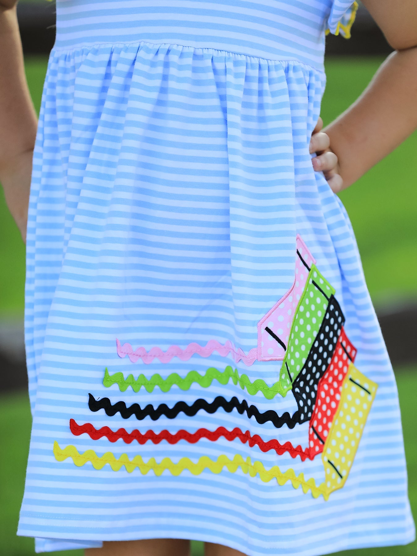 Girls Back To School Crayon Dress Ruffle Petal Collar Applique