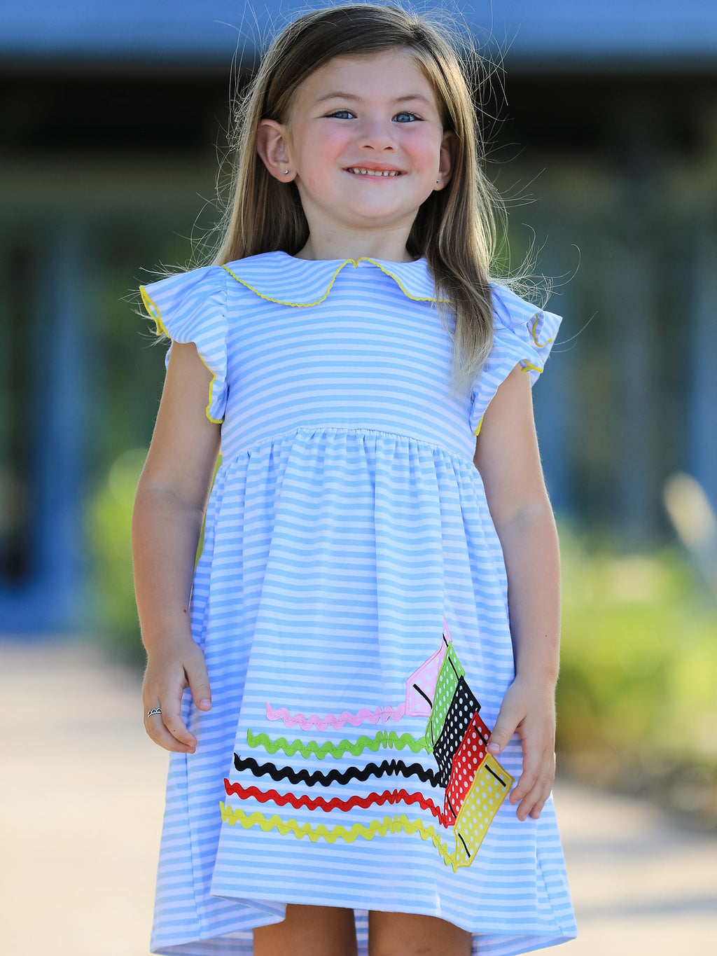Girls Back To School Crayon Dress Ruffle Petal Collar Applique