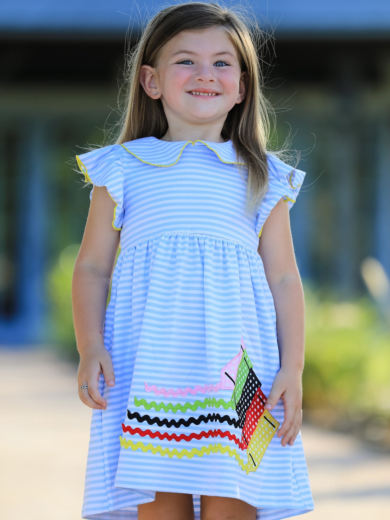 Girls Back To School Crayon Dress Ruffle Petal Collar Applique