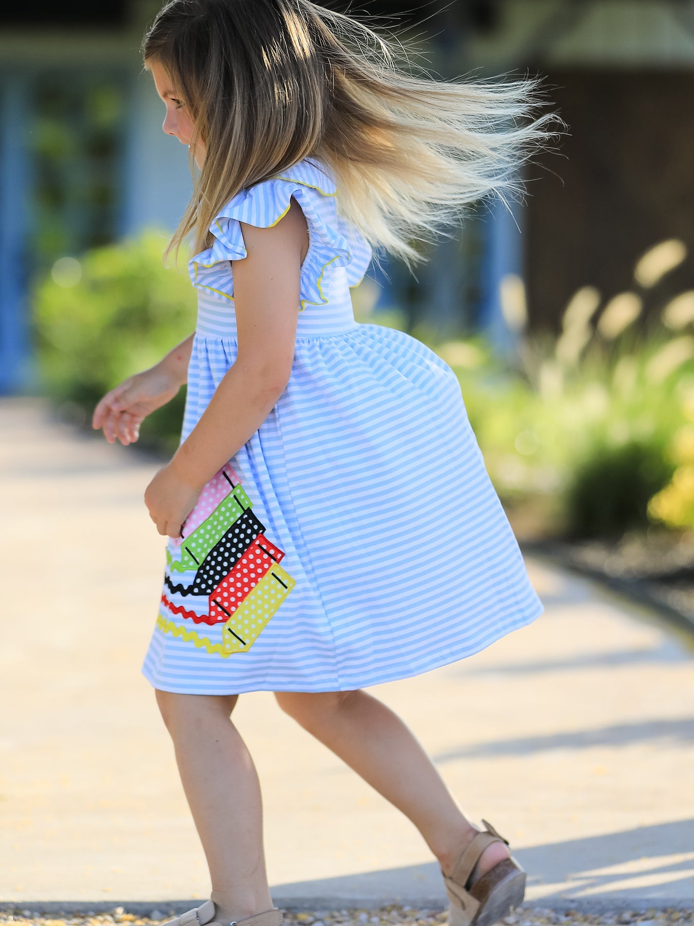 Girls Back To School Crayon Dress Ruffle Petal Collar Applique