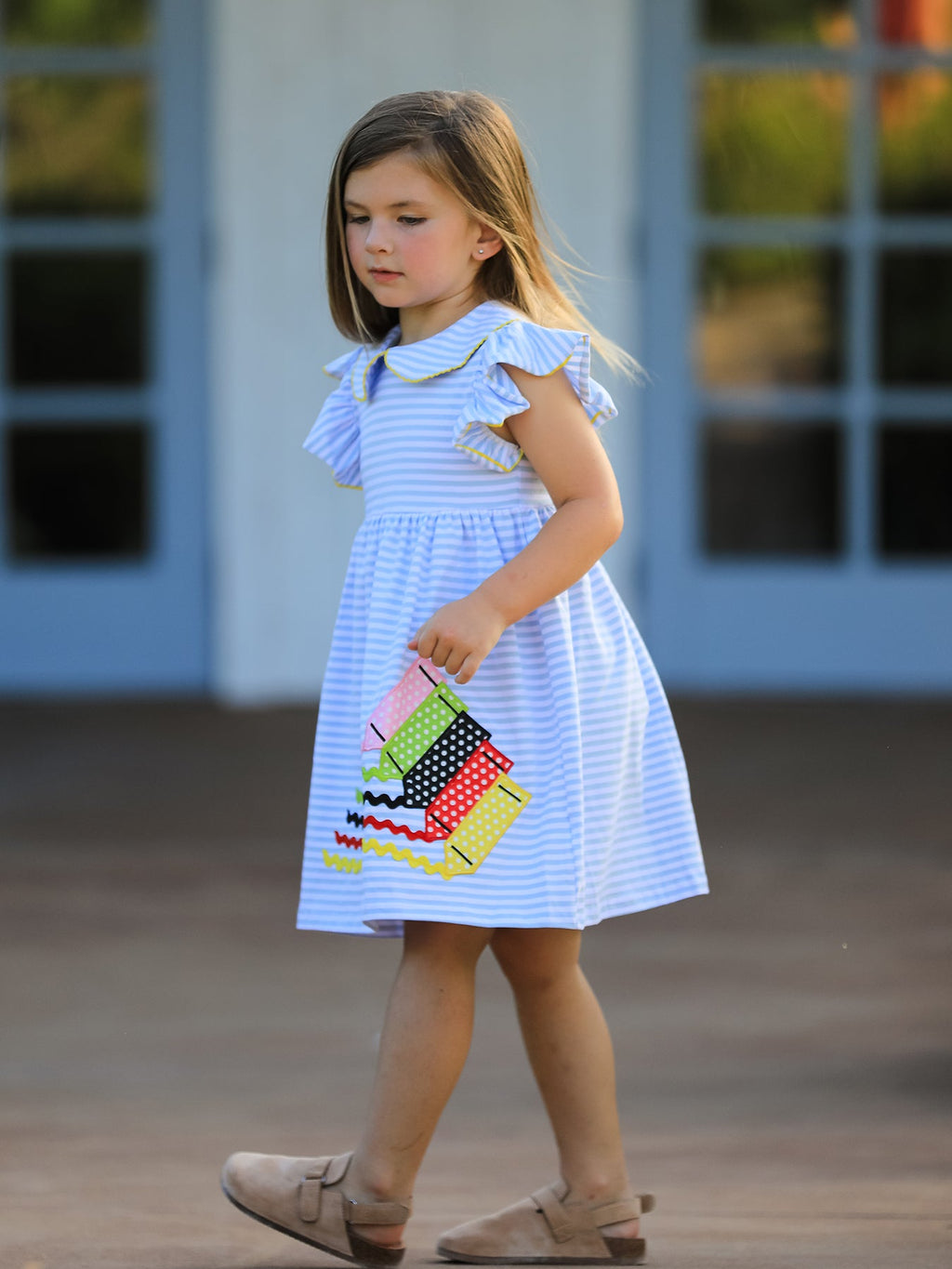 Girls Back To School Crayon Dress Ruffle Petal Collar Applique