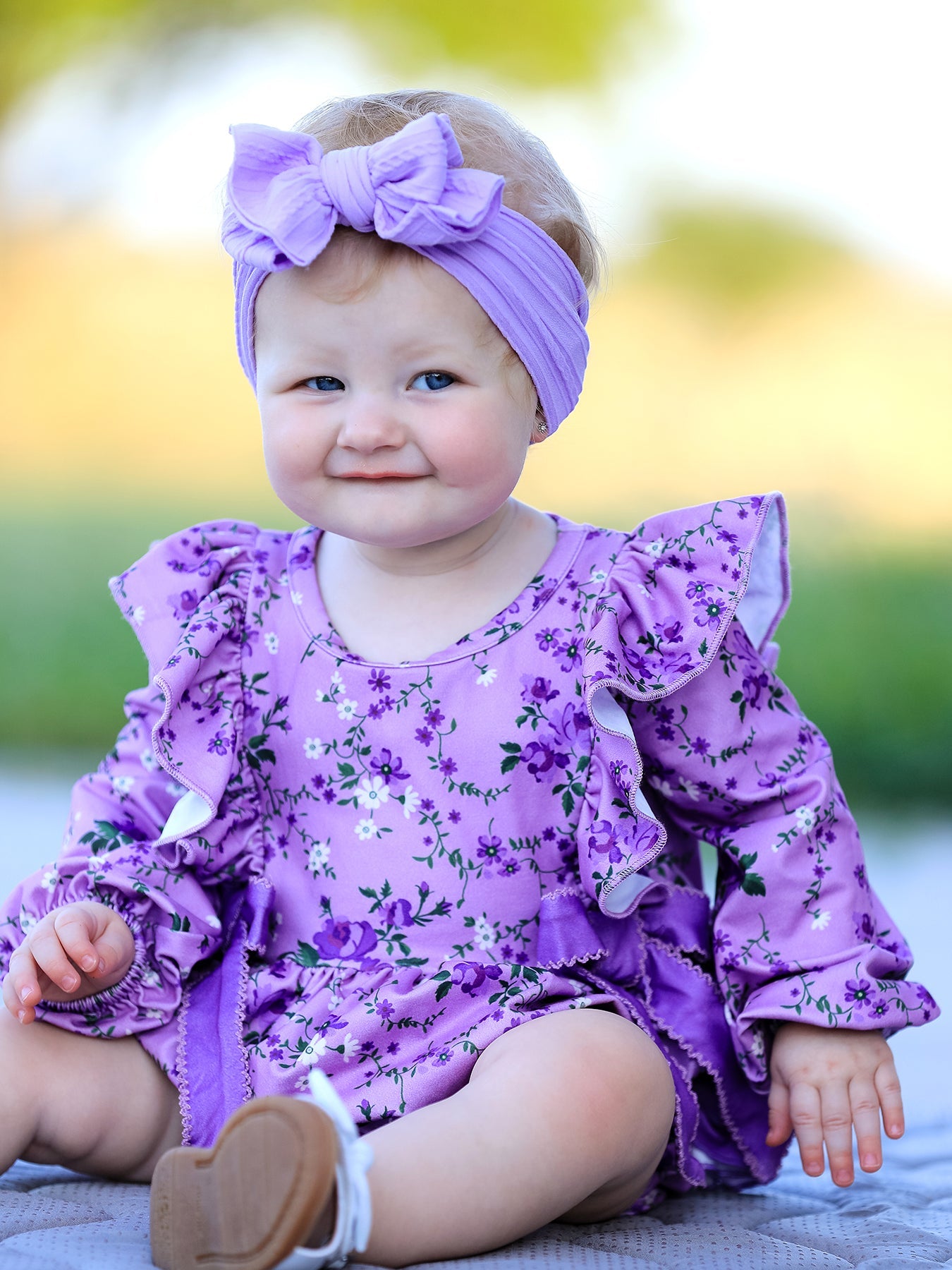 Fall Lavender Floral Print Girls Long Sleeve Romper