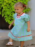Back To School Girls Green Plaid Smocking Dress