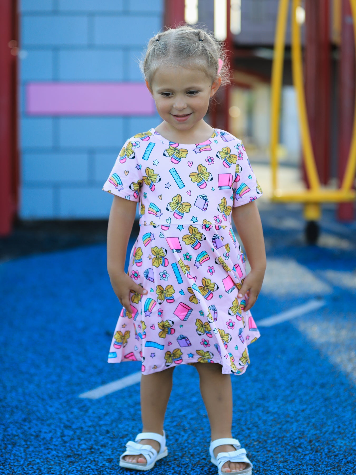 Back to School Print Girls Dress Short Sleeve