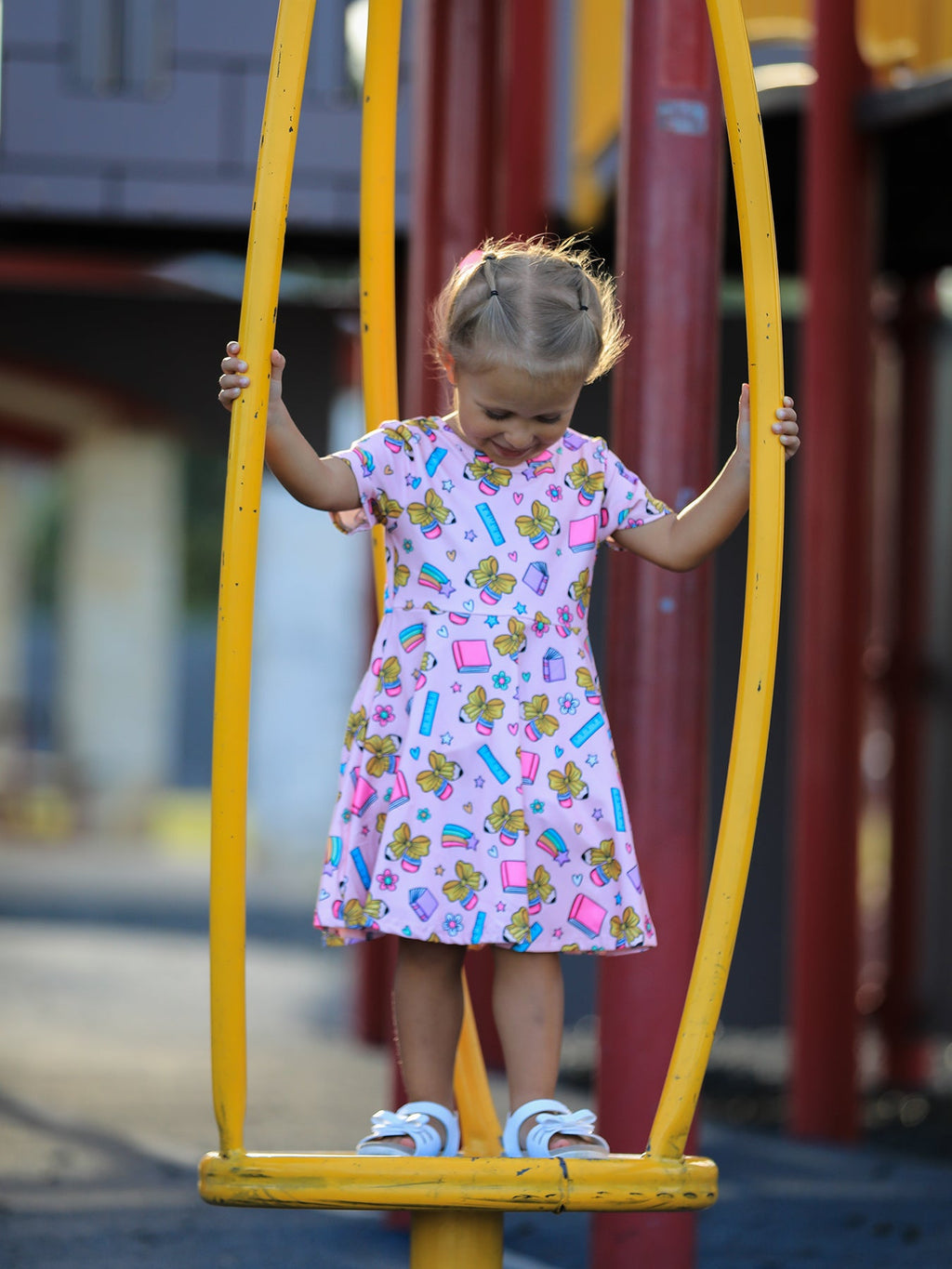 Back to School Print Girls Dress Short Sleeve