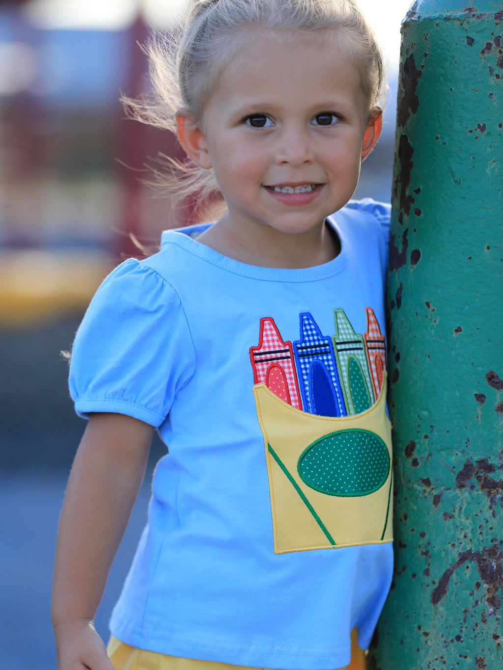Girls Back To School Crayon Applique Top Shorts Set