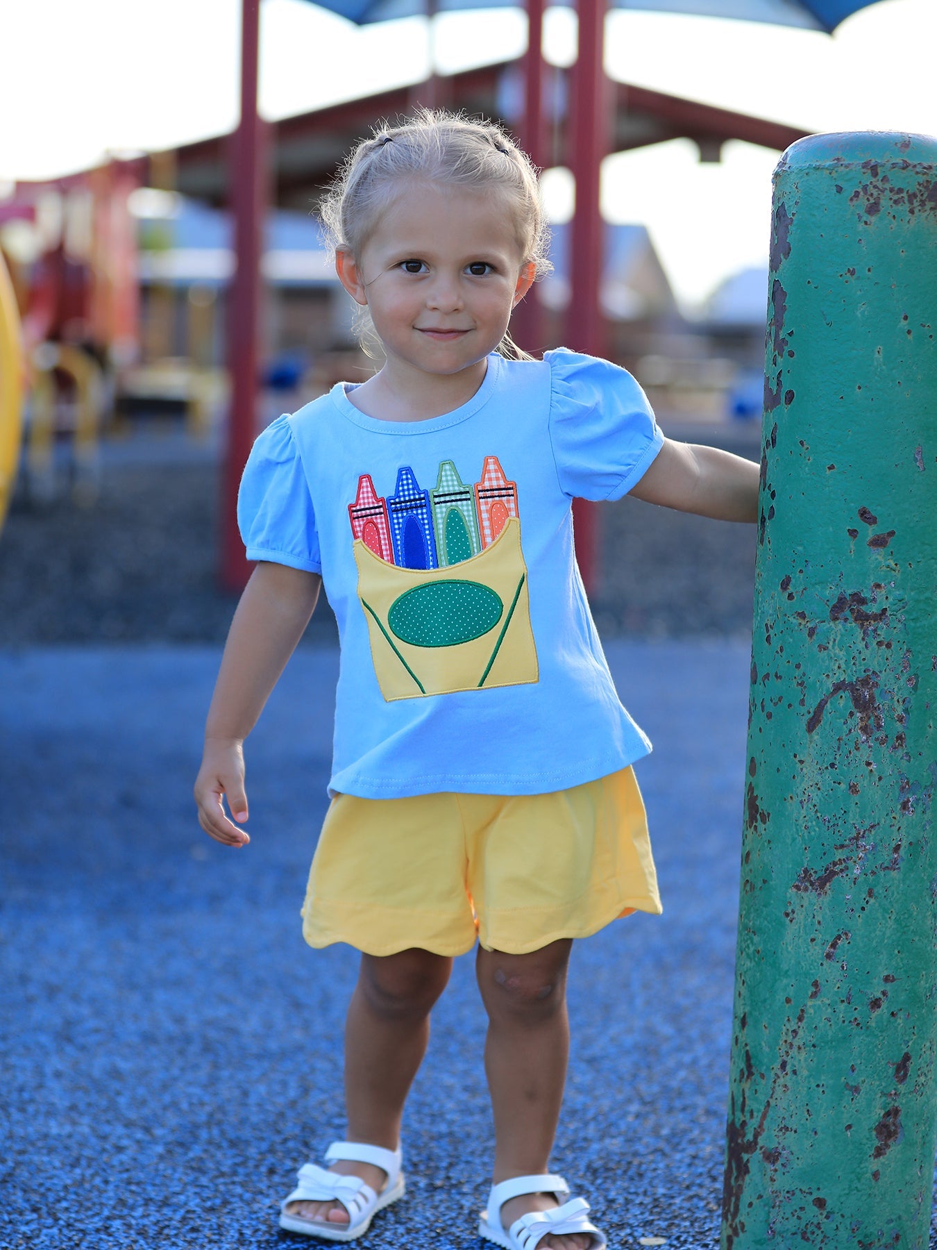 Girls Back To School Crayon Applique Top Shorts Set