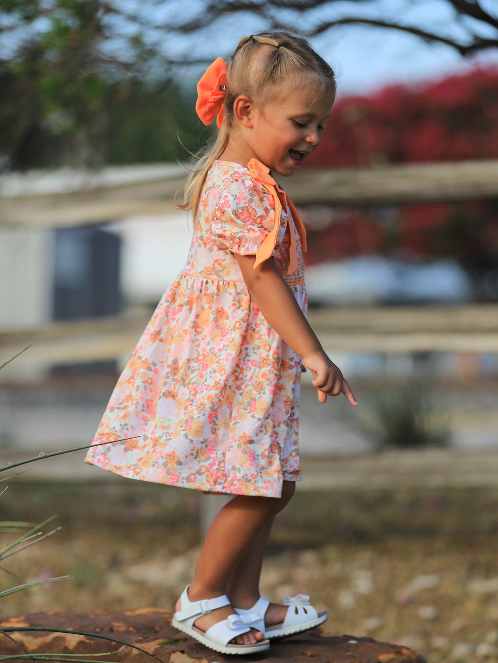 Peach Bow Smocked Floral Girl Dress