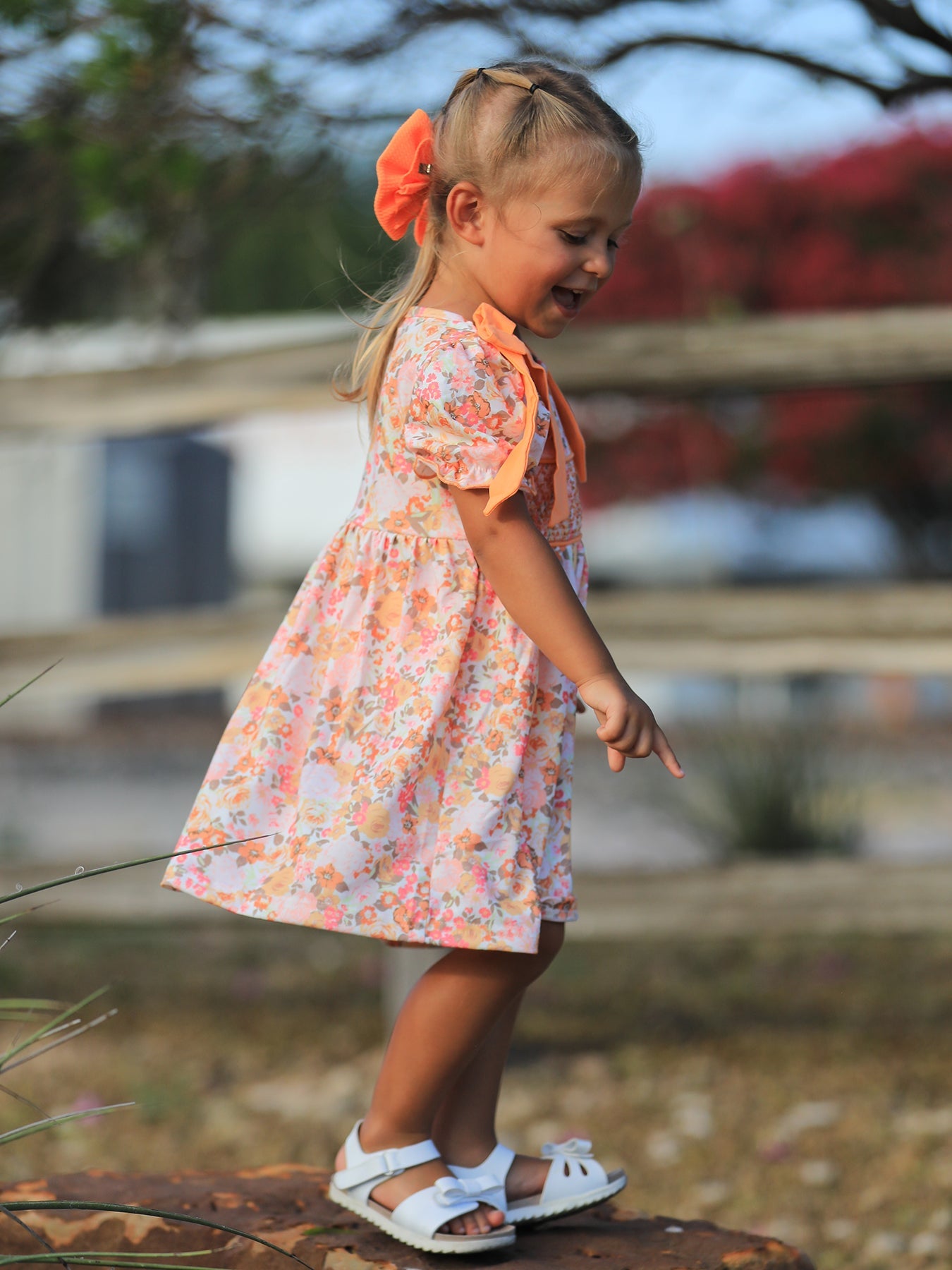 Peach Bow Smocked Floral Girl Dress