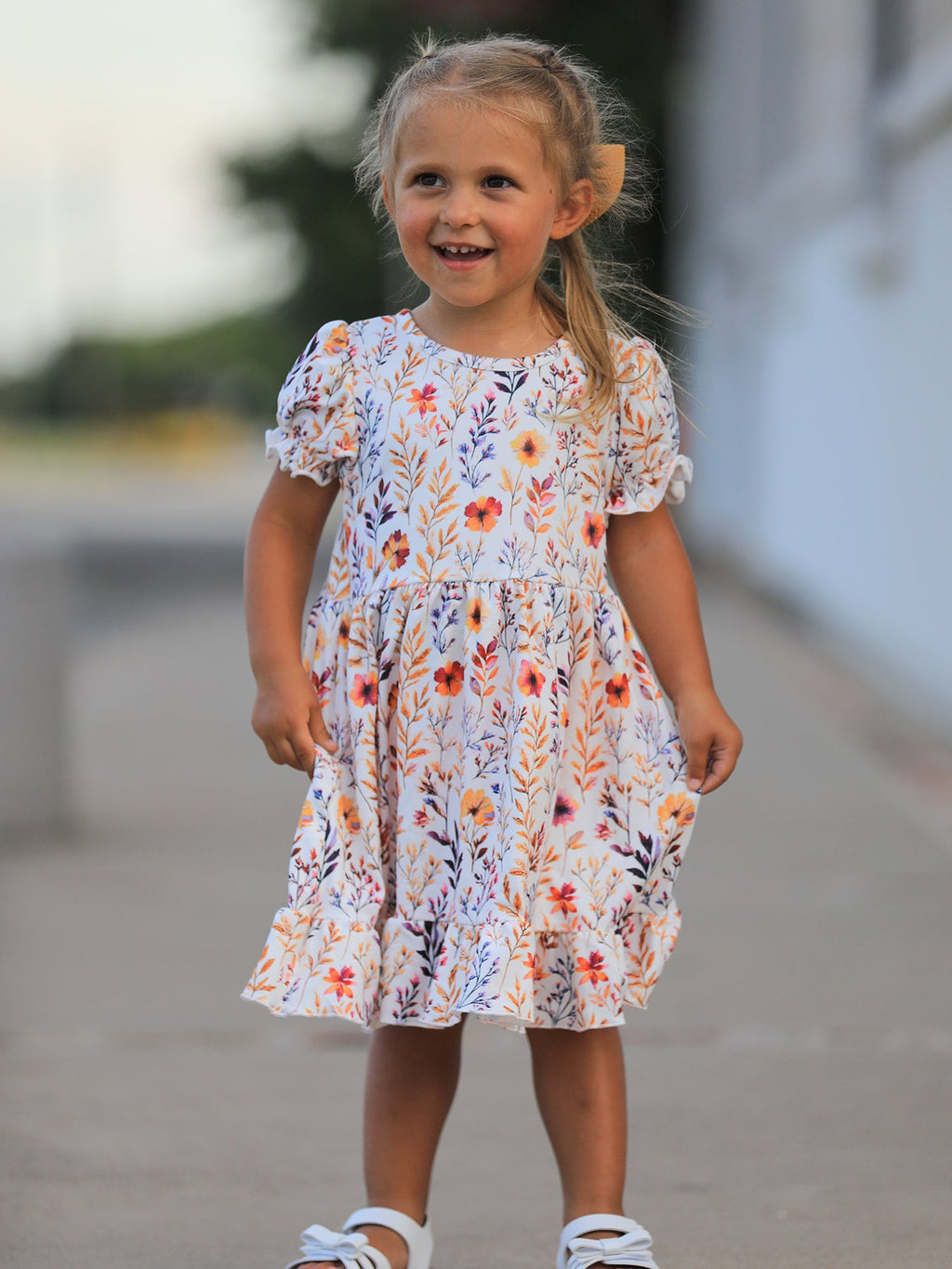 Fall Floral Puff Sleeve Ruffle Girls Dress