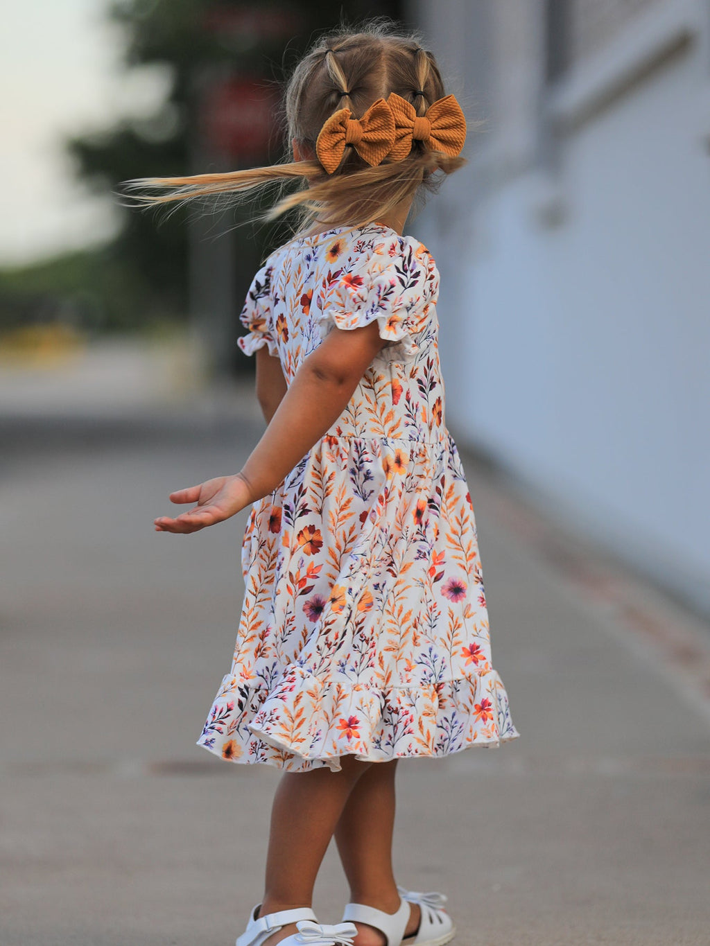 Fall Floral Puff Sleeve Ruffle Girls Dress