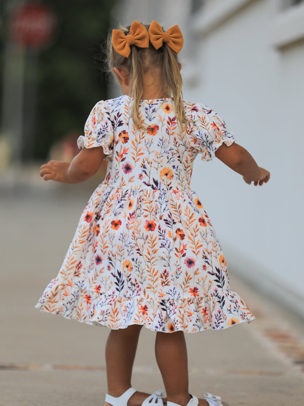 Fall Floral Puff Sleeve Ruffle Girls Dress