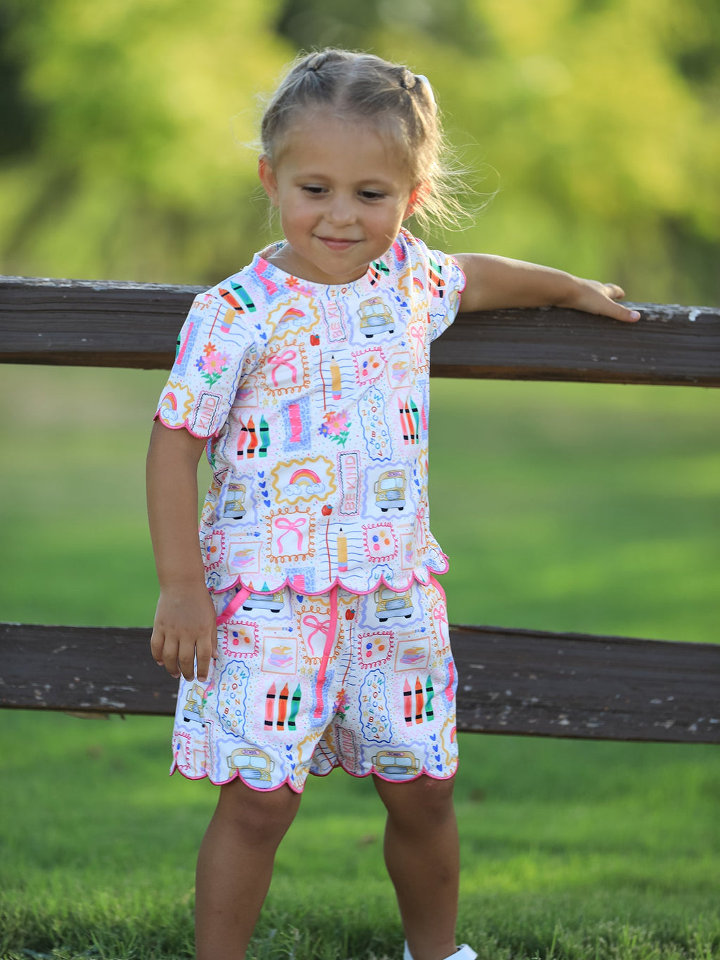 Back to School Print Girl Short Set Scallop Hem