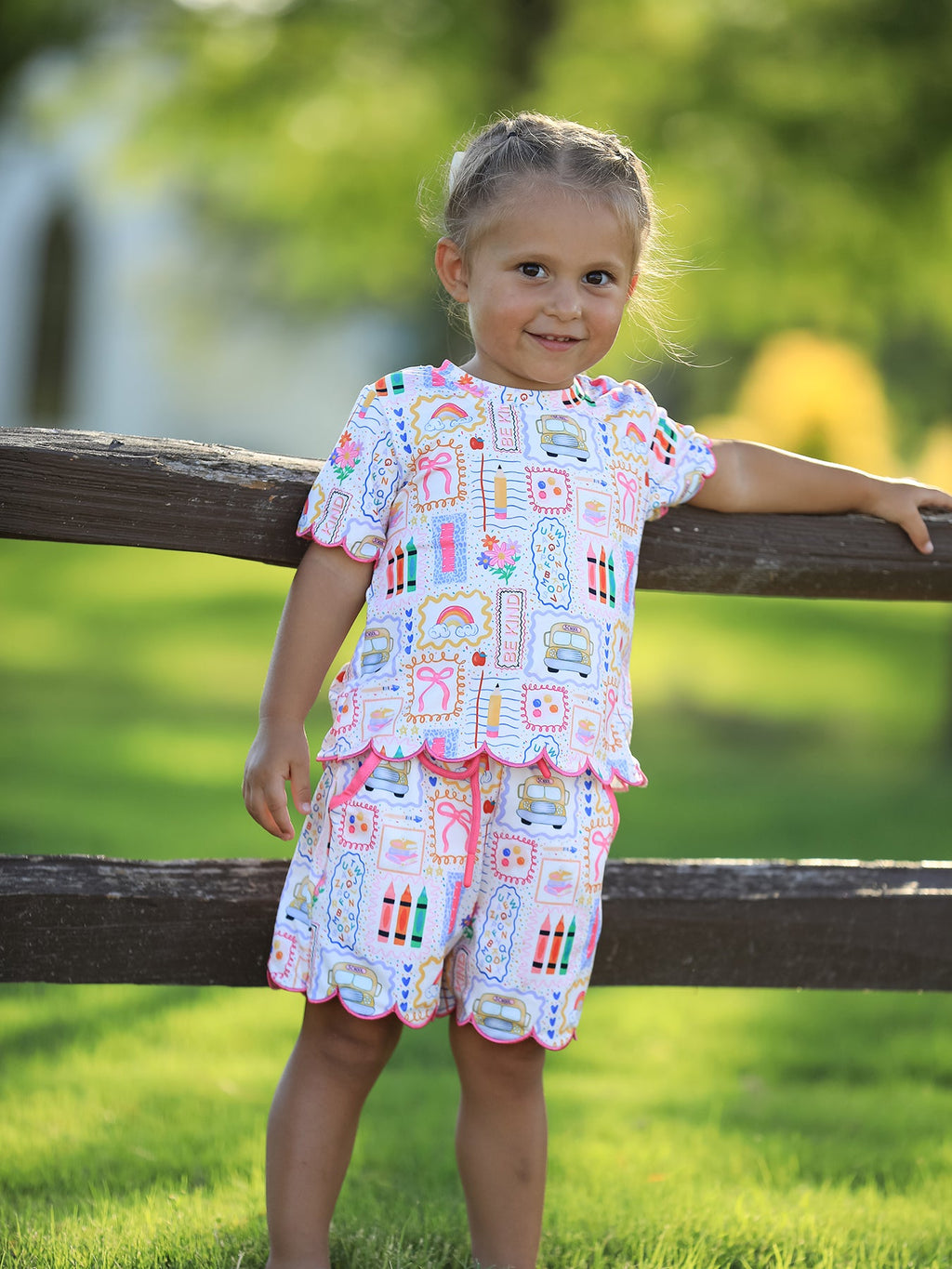 Back to School Print Girl Short Set Scallop Hem