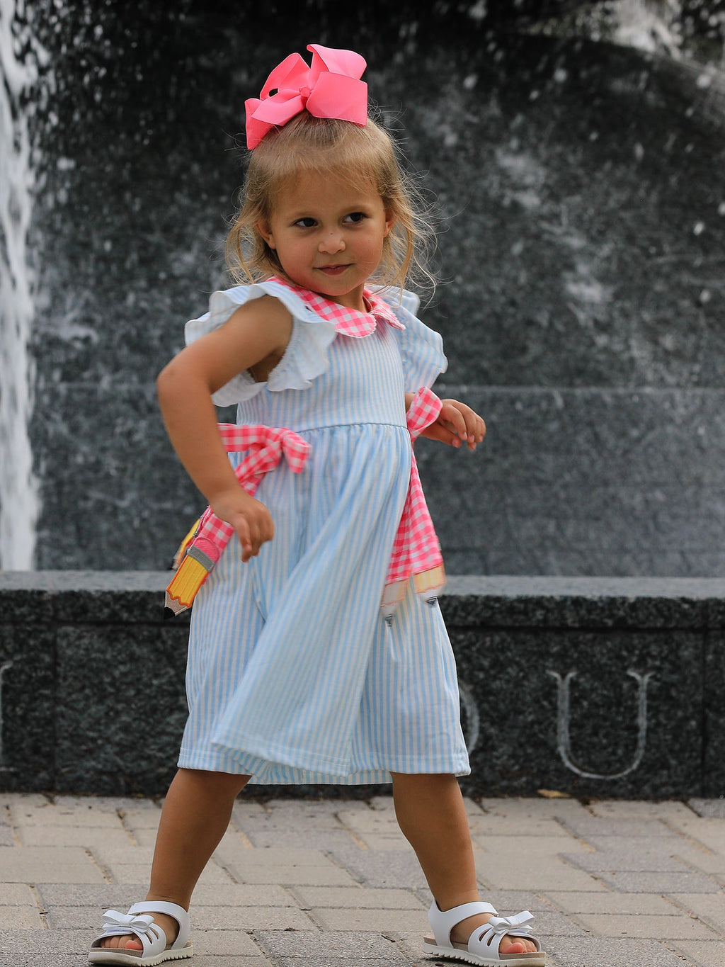 Back To School Girls Striped lapels Bow Dress