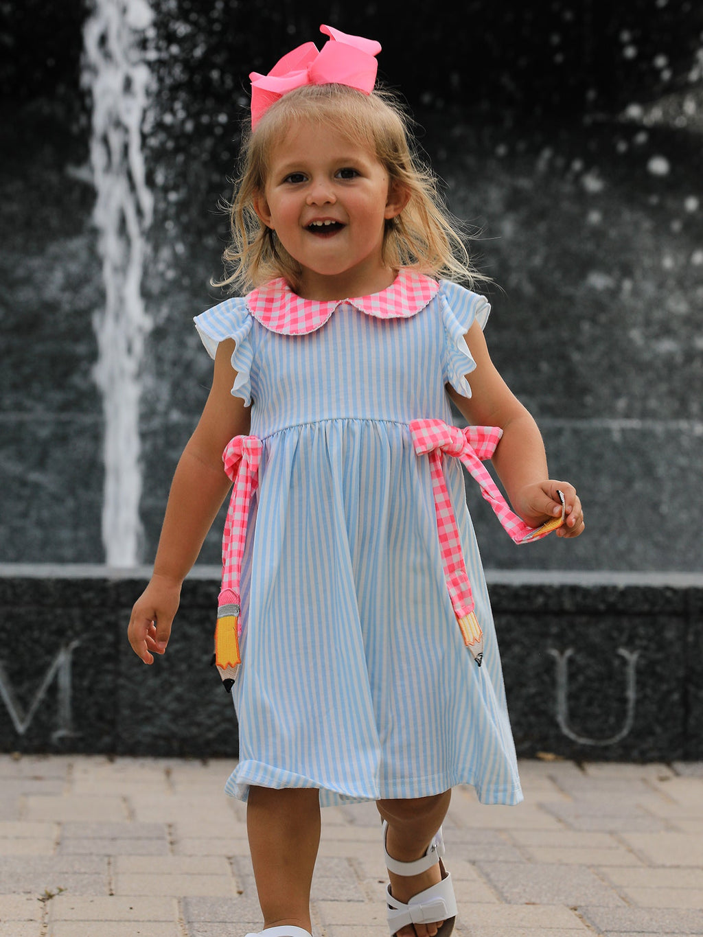 Back To School Girls Striped lapels Bow Dress