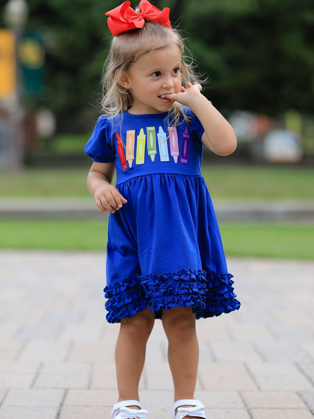 Girls Back To School Crayon Twirl Dress Ruffle Applique