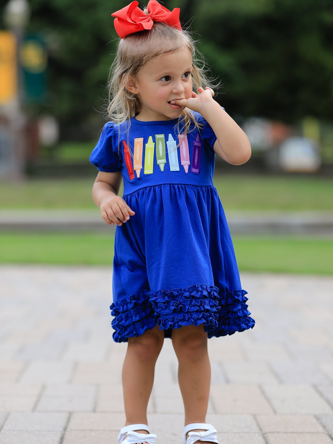 Girls Back To School Crayon Twirl Dress Ruffle Applique