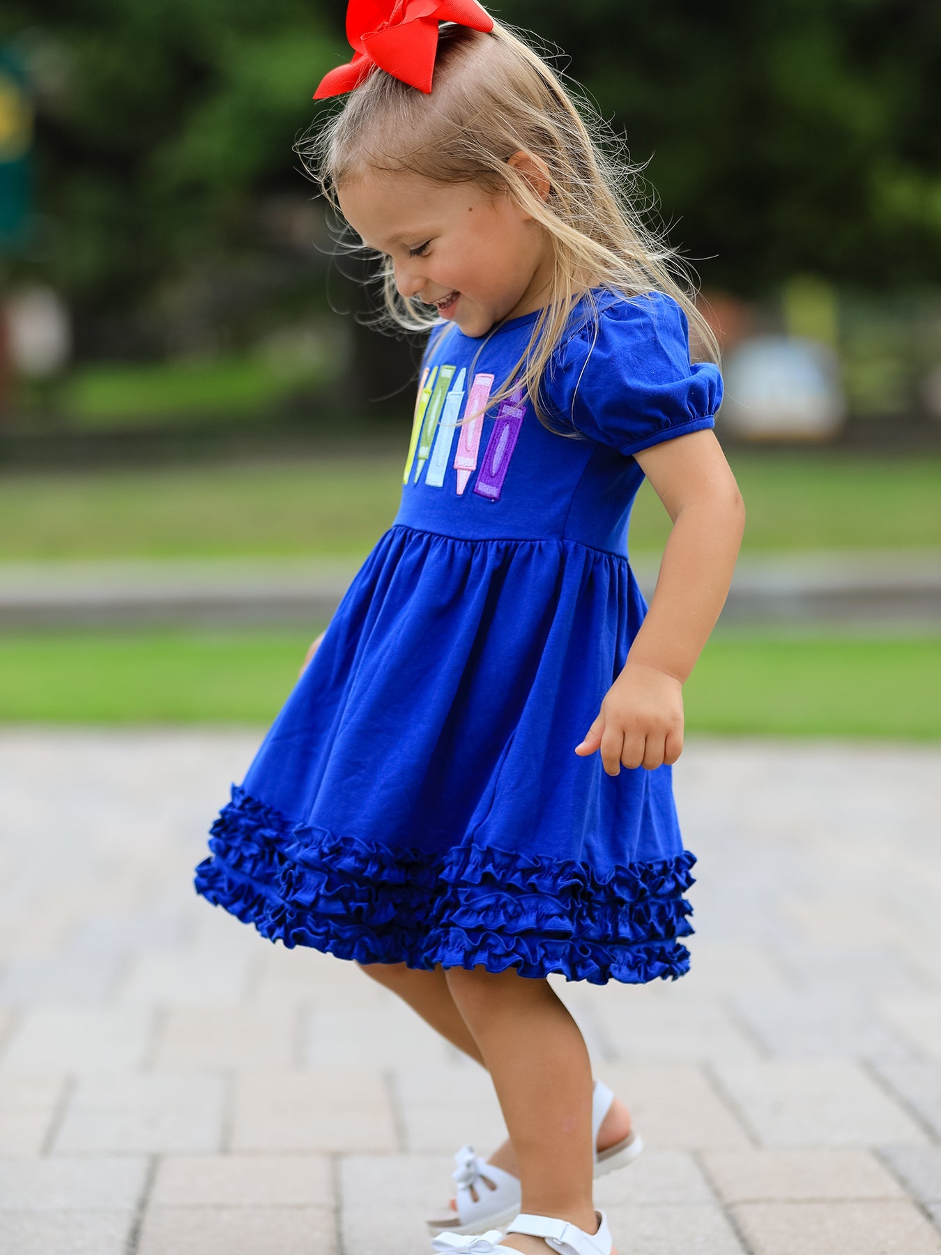 Girls Back To School Crayon Twirl Dress Ruffle Applique