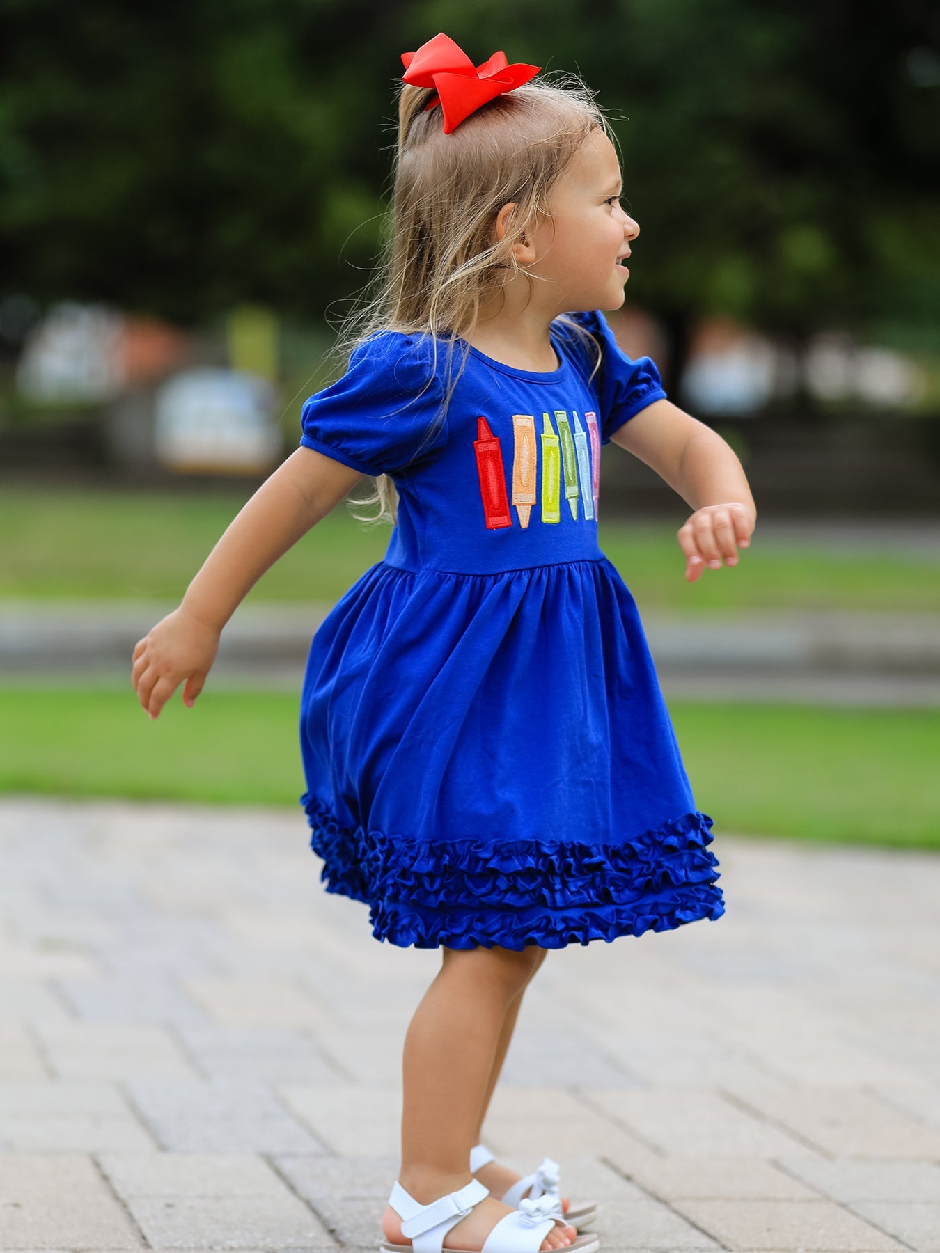 Girls Back To School Crayon Twirl Dress Ruffle Applique
