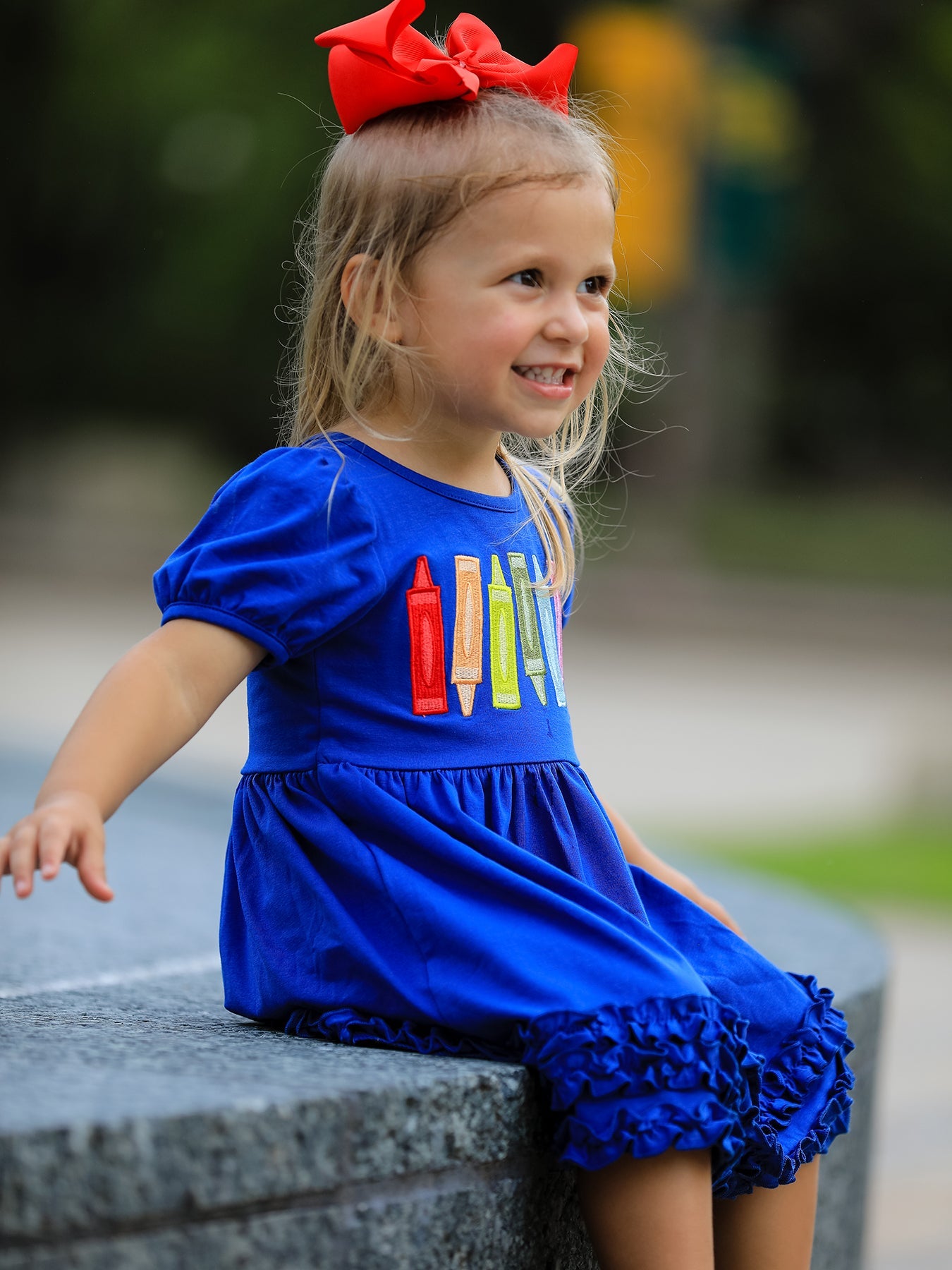 Girls Back To School Crayon Twirl Dress Ruffle Applique