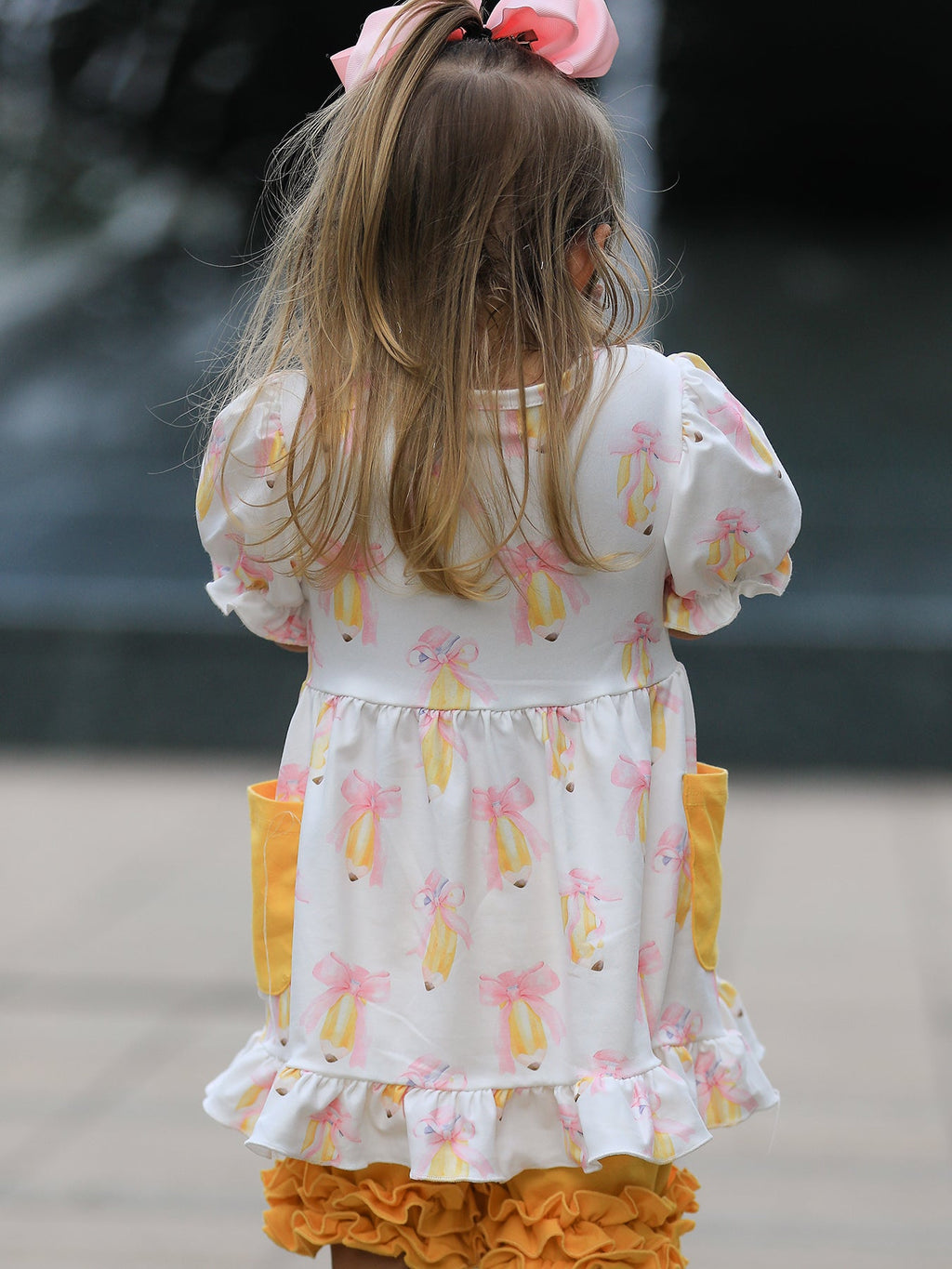 Girls Back To School Pencil Bow Pocket Ruffle Top Shorts Set