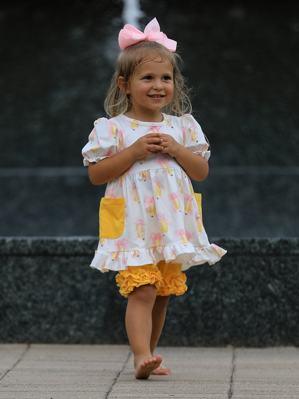 Girls Back To School Pencil Bow Pocket Ruffle Top Shorts Set
