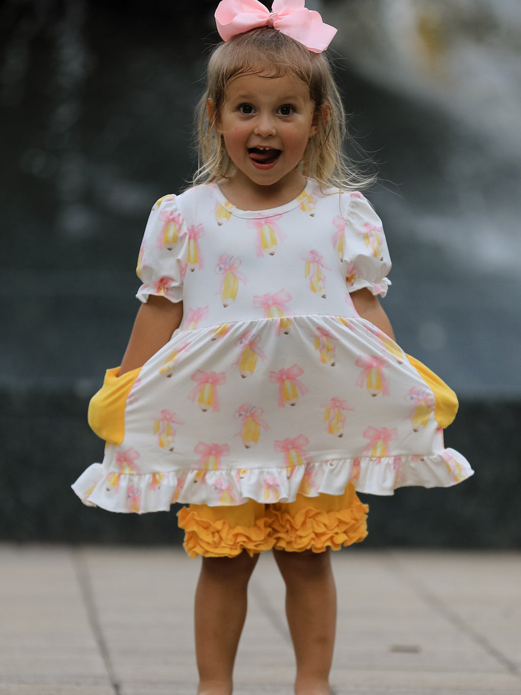 Girls Back To School Pencil Bow Pocket Ruffle Top Shorts Set