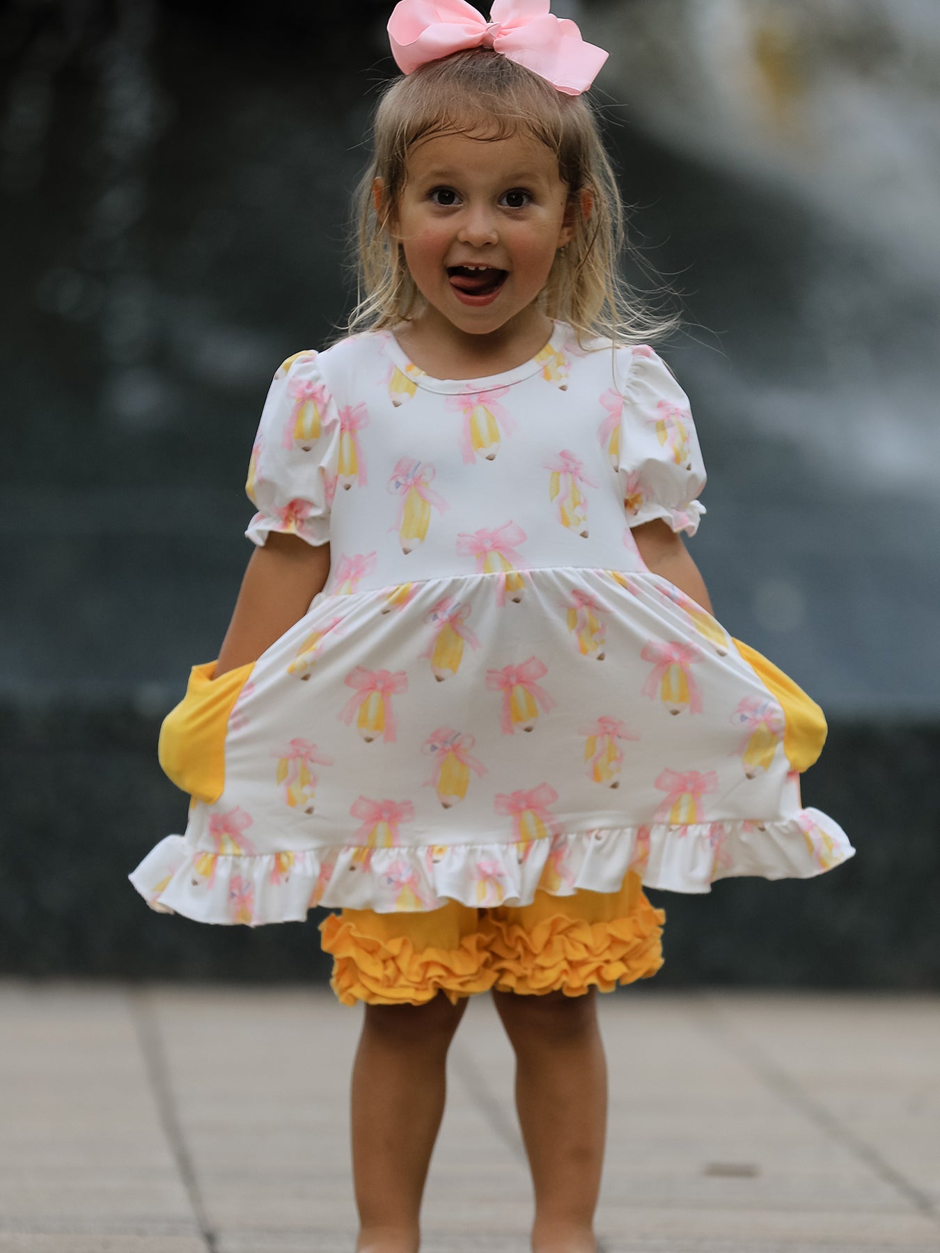 Girls Back To School Pencil Bow Pocket Ruffle Top Shorts Set