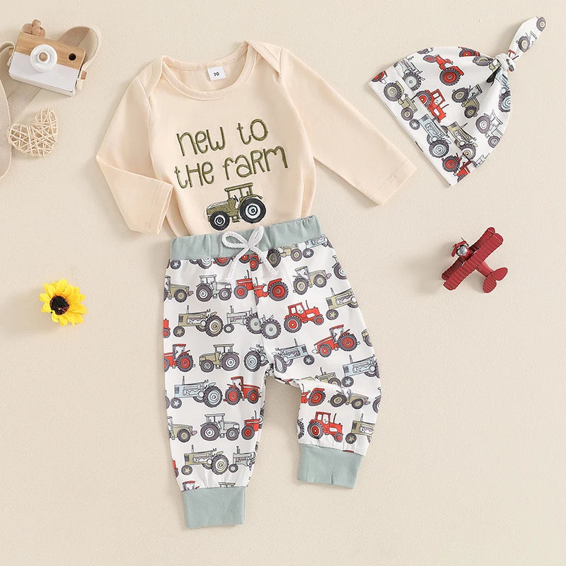 Embroidered Tractor Romper Outfit for Baby Boys - 3-Piece Set