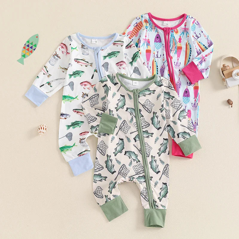 Cozy Fish Print Romper for Babies - Long Sleeve Jumpsuit