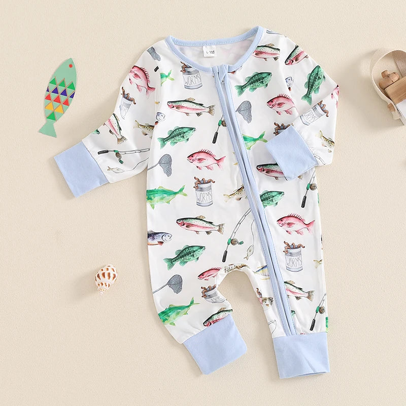 Cozy Fish Print Romper for Babies - Long Sleeve Jumpsuit