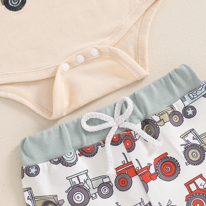 Embroidered Tractor Romper Outfit for Baby Boys - 3-Piece Set