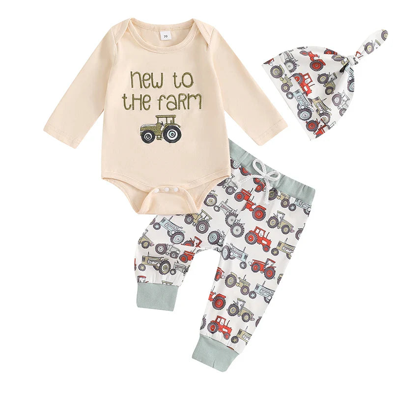 Embroidered Tractor Romper Outfit for Baby Boys - 3-Piece Set