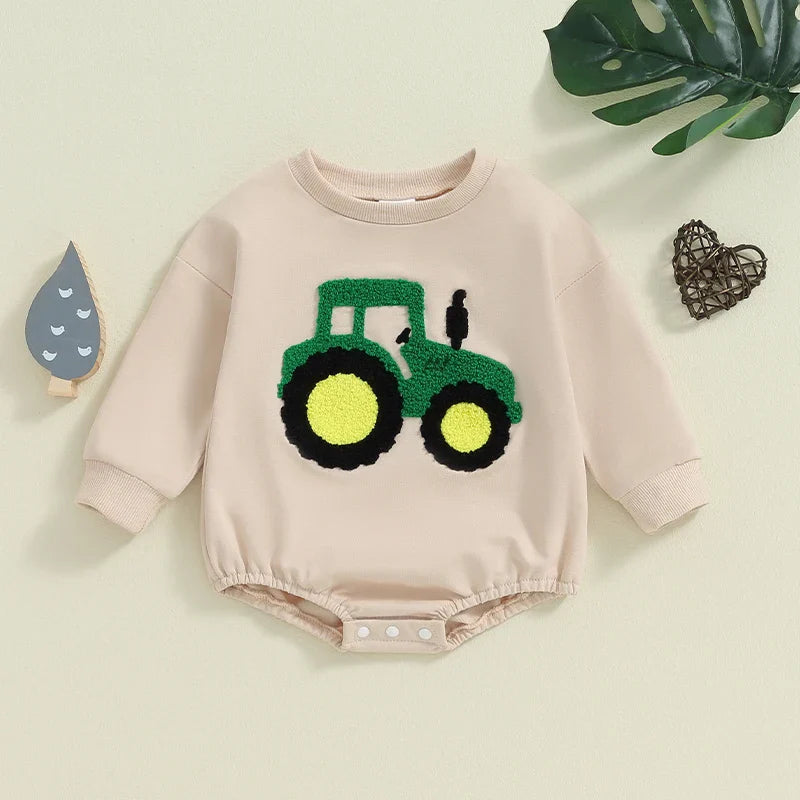 Cozy Embroidered Romper for Babies - Tractor Design